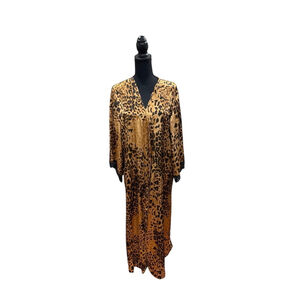 Secret Treasures Gown Womens L Gold Animal Leopard Satin Kaftan Tie Front Lounge